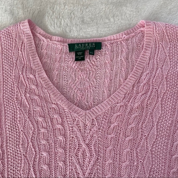 RALPH LAUREN Pink 100% Linen Cable open knit Sweater Size PL - Picture 7 of 11
